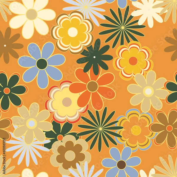 Fototapeta Vector seamless pattern in retro groovy style. Cute floral print in bright colors perfect for scrapbooking, textile, wrapping paper and stationery for kids and adults