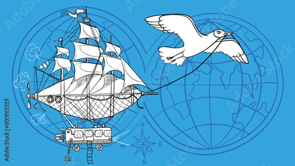 Fototapeta The seagull drags a rope which connected to the unreal vehicle compound of sailboat, submarine and trolley bus