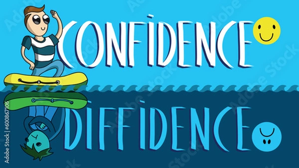 Fototapeta The brave man standing on the boat near the word confidence above the unsure and sad reflection of him near the word diffidence