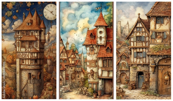 Obraz Watercolour fantasy illustrations of old medieval castle and buildings. Greeting cards or envelopes project print. Set no 11.