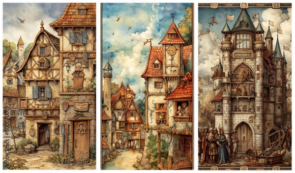 Obraz Watercolour fantasy illustrations of old medieval castle and buildings. Greeting cards or envelopes project print. Set no 10.