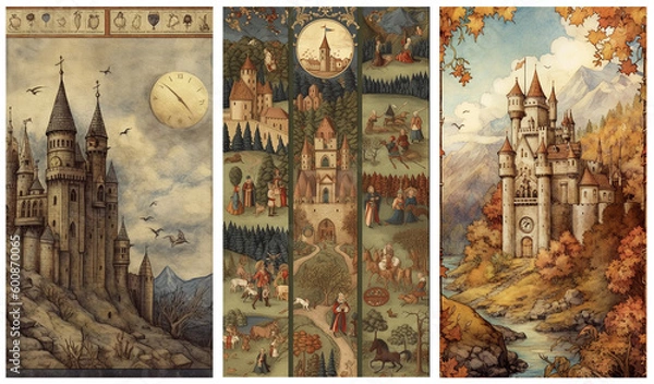 Obraz Watercolour fantasy illustrations of old medieval castle and buildings. Greeting cards or envelopes project print. Set no 8.