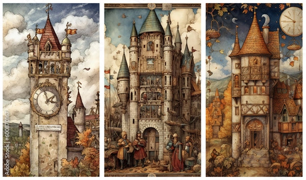 Obraz Watercolour fantasy illustrations of old medieval castle and buildings. Greeting cards or envelopes project print. Set no 4.