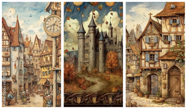 Obraz Watercolour fantasy illustrations of old medieval castle and buildings. Greeting cards or envelopes project print. Set no 3.