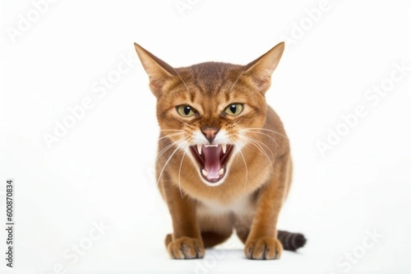Obraz Environmental portrait photography of an angry abyssinian cat investigating against a white background. With generative AI technology