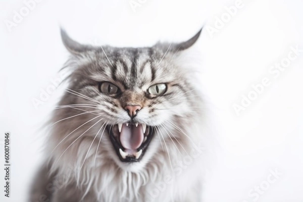 Fototapeta Lifestyle portrait photography of an angry siberian cat corner rubbing against a white background. With generative AI technology