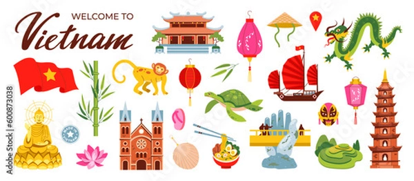 Obraz Welcome to Vietnam. Asian shrines, Buddhism. Trouble, temple, bamboo and dragon. Chinese lanterns, lotus.