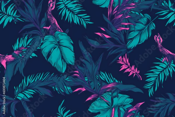 Fototapeta seamless pattern fuchsia and coral jade blue green background with tropical leaf shapes. AI generated.