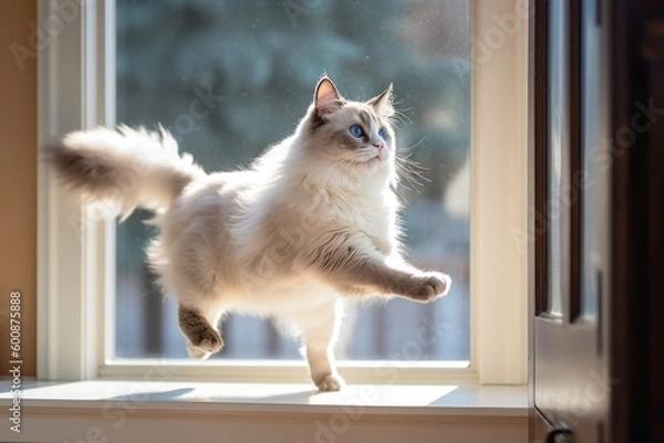 Fototapeta Full-length portrait photography of a curious ragdoll cat leaping against a bright window. With generative AI technology
