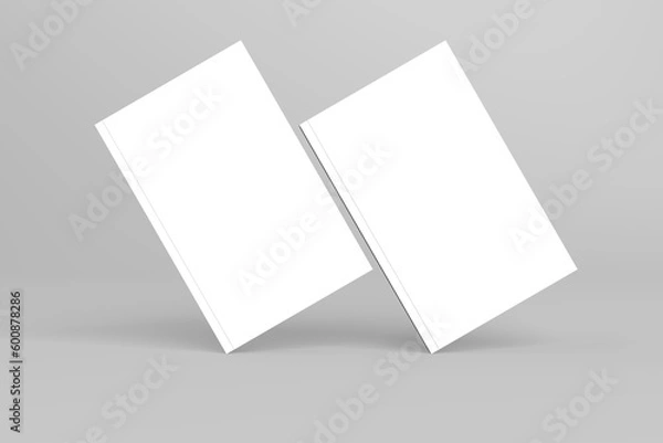 Fototapeta 2 softcover book mockups are standing on a gray background, designed with 3D render visual effects that are indistinguishable from reality. A mockup, with flashy white covers resembling a real book.