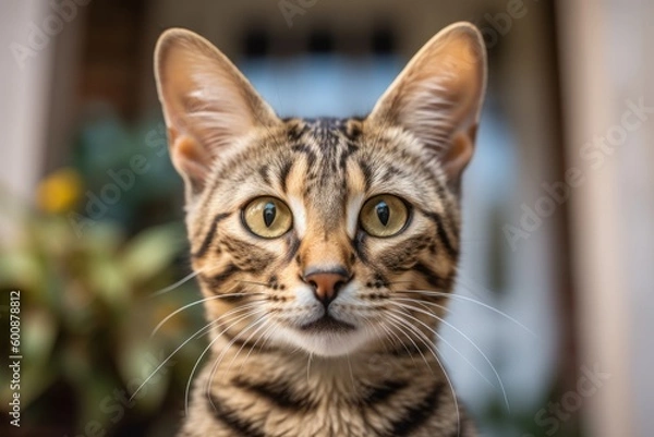Fototapeta Headshot portrait photography of a smiling savannah cat begging for food against an appealing front porch. With generative AI technology