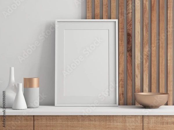 Fototapeta White vertical Poster Art Frame Mockup with passepartout in room, 3d rendering