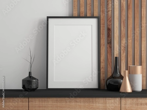 Fototapeta Black vertical Poster Art Frame Mockup with passepartout with wooden wall, 3d rendering