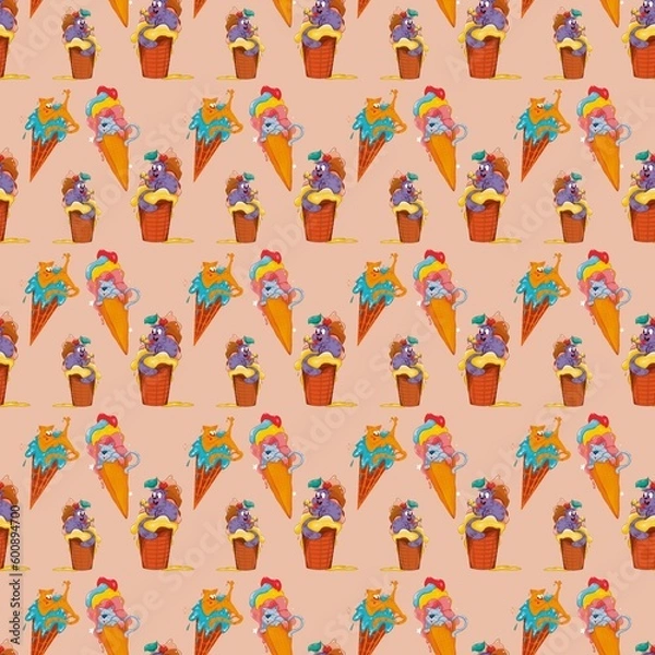 Fototapeta Seamless pattern. Cheerful cat in ice cream