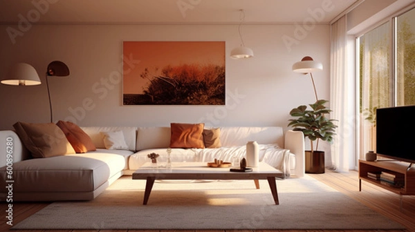 Fototapeta Modern bright friendly living room in front of a window with cushions in front of it, a coffee table on a carpet
