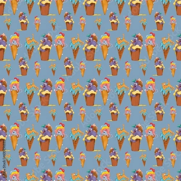 Fototapeta Seamless pattern. Cheerful cat in ice cream
