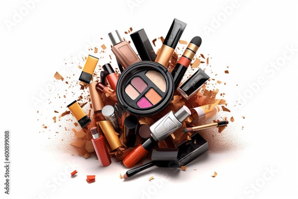 Fototapeta a lot of mixed makeup and cosmetics mixed in nice on isolated white background