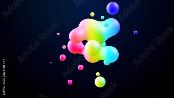 Fototapeta 3d render. Spheres or balls merge like liquid wax drops or metaballs in-air. Liquid gradient of rainbow colors on beautiful drops with multi-colored glow, scattering light inside.