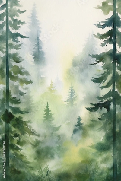 Fototapeta A watercolor painting of a misty forest, tranquil, deep, fairy tale vibe, simple watercolor style with few details, semi abstract. AI generative