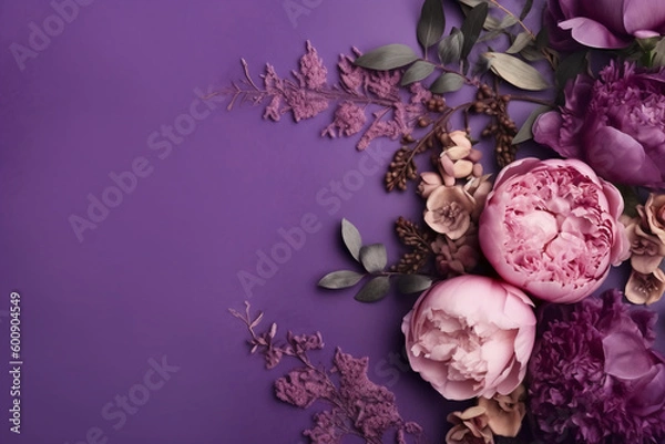 Fototapeta Peonies, roses on purple background with copy space. Abstract natural floral frame layout with text space. Romantic feminine composition. Wedding invitation. AI generative