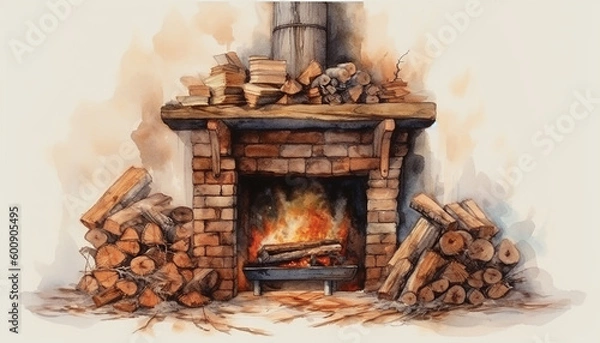 Obraz Watercolour illustration of a vintage, medieval stone fireplace in a rustic cottage home. Project for postcards and envelopes. No 4.