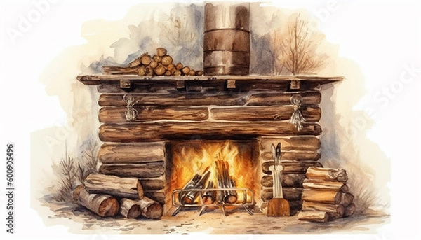 Obraz Watercolour illustration of a vintage, medieval stone fireplace in a rustic cottage home. Project for postcards and envelopes. No 3.
