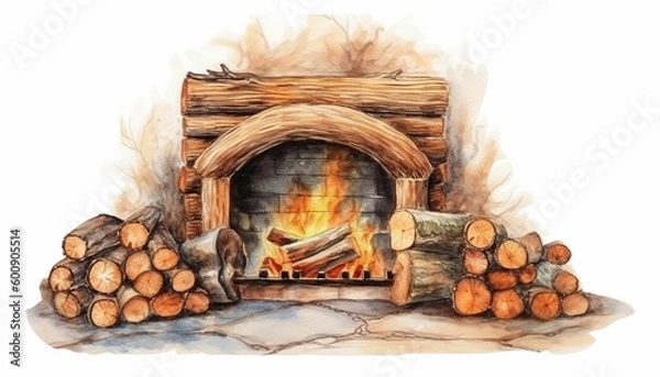 Obraz Watercolour illustration of a vintage, medieval stone fireplace in a rustic cottage home. Project for postcards and envelopes. No 1.