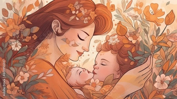 Fototapeta Mother and Children Illustration with Flower Background - Celebrating Mother's Love and Mother's Day. Created with Generative AI technology