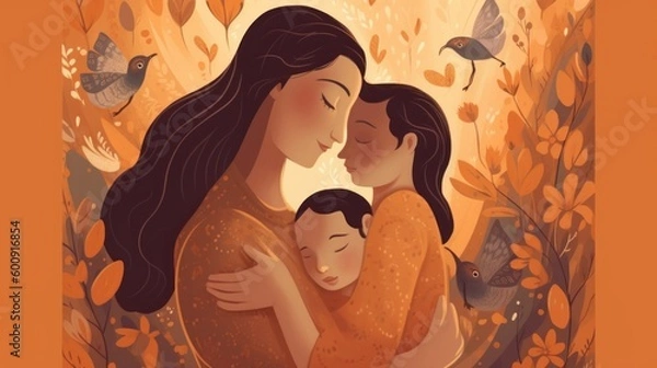 Fototapeta Mother and Children Illustration with Nature Background - Celebrating Mother's Love and Mother's Day. Created with Generative AI technology