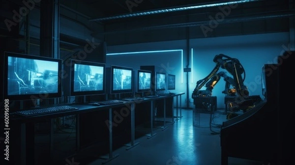 Fototapeta Robots in Manufacturing Factory - Futuristic Machine Aesthetics with Modern Style and Computer Screens - Generative AI