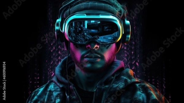 Fototapeta Man Wearing Virtual Reality Headset in Neonpunk style - Futuristic VR Concept, Generative AI