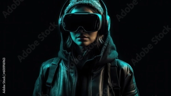 Fototapeta Hyperrealistic Girl with VR Headset - Futuristic Virtual Reality Concept, Generative AI
