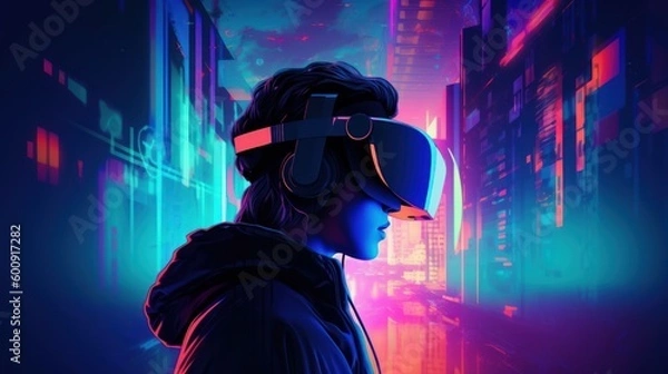Fototapeta Kid Wearing Virtual Reality headset in Cyberpunk style - Futuristic VR Concept, Generative AI