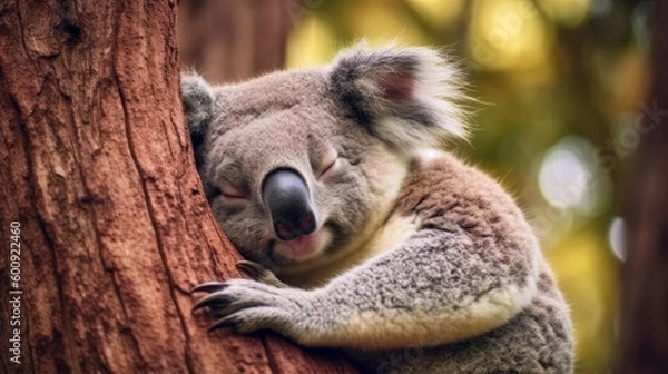 Fototapeta A sleepy koala dozing off on a tree. AI generated