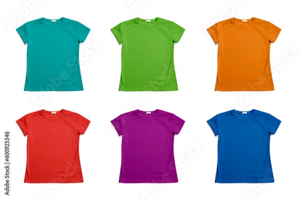 Fototapeta Set of bright stylish t-shirts on white background, top view