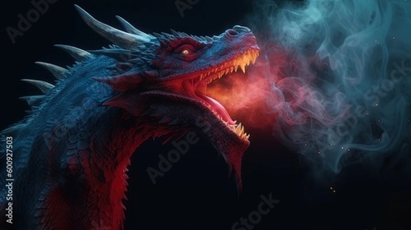 Obraz fierce fire dragon with fire and smoke from mouth, Generative Ai