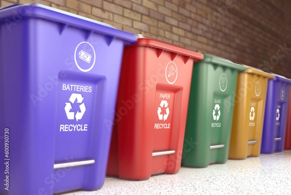 Fototapeta Plastic garbage bins with waste type label and recycle logo are the best for waste sorting systems. Separate garbage collection plastic, paper, glass, organic, e-waste, batteries, metal, toxic, other