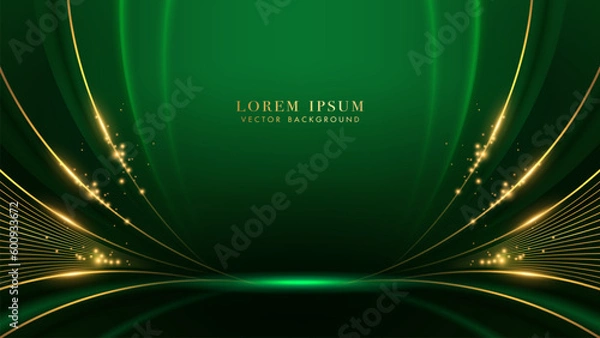 Obraz Luxury golden lines with curve light, glittering light effects elements. Green elegant background style vector design
