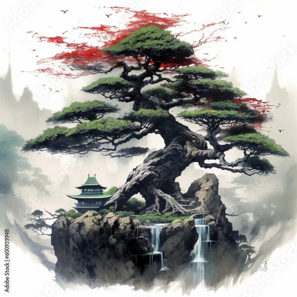 Fototapeta landscape with trees and mountains - Generated by AI