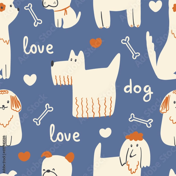 Fototapeta Dogs seamless pattern. Cute animals in simple naive hand-drawn Scandinavian trendy cartoon style. Ideal for a nursery, baby clothes, textiles, packaging.