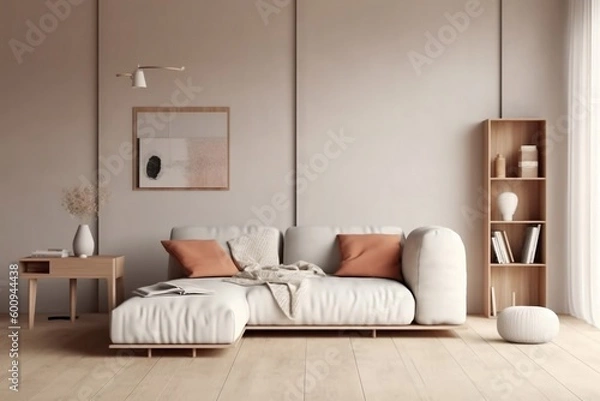 Fototapeta modern living room with white sofa, home desk in wall with decor, personal accessories