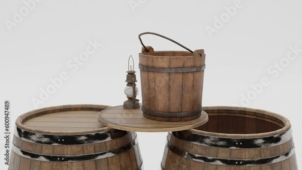 Fototapeta wine barrels and wooden basket isolated on white background.