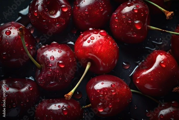 Fototapeta Fresh Ripe Red Cherry with Water Drops Close Up on Organic Background. Healthy Fruit Agriculture and Refreshing Water Drop Focus. Generative AI illustrations.