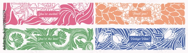 Fototapeta Vintage floral and foliage banner templates. Retro banners, Header graphic. Graphic vintage banner announcement. Woodcut floral and foliage.