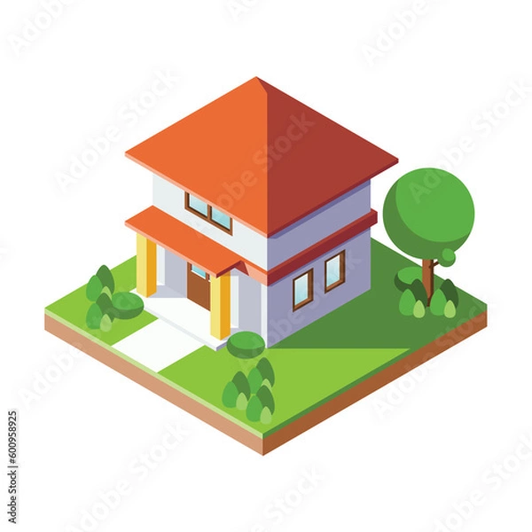 Fototapeta A house with a red roof and a tree in the front yard, building vector illustration flat design, isometric view.
