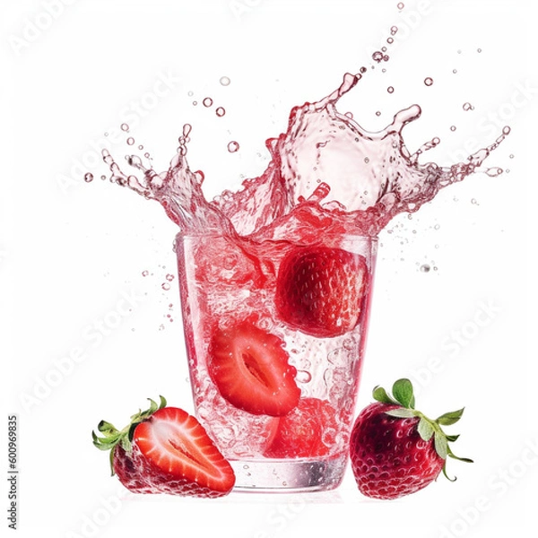 Fototapeta strawberry in glass, splashing vitamin water juice, wellness and nutrition concept by generative AI.
