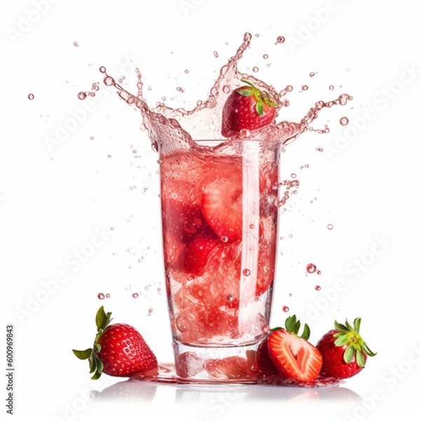 Fototapeta strawberry in glass, splashing vitamin water juice, wellness and nutrition concept by generative AI.