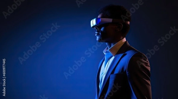 Fototapeta A person in a futuristic virtual reality headset, interacting with a virtual reality environment. Gen AI	
