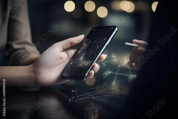 Obraz Hand of young business using smart phone with shopping cart icon, Online shopping and e-commerce concept,