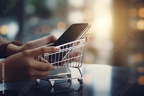 Obraz Hand of young business using smart phone with shopping cart icon, Online shopping and e-commerce concept,